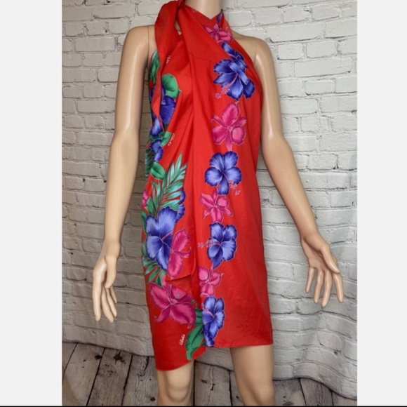 Vintage 60s 70s Helena’s Hawaiian Sarong Wrap Pareo Black w Red/Pink Hibiscus - Picture 1 of 10